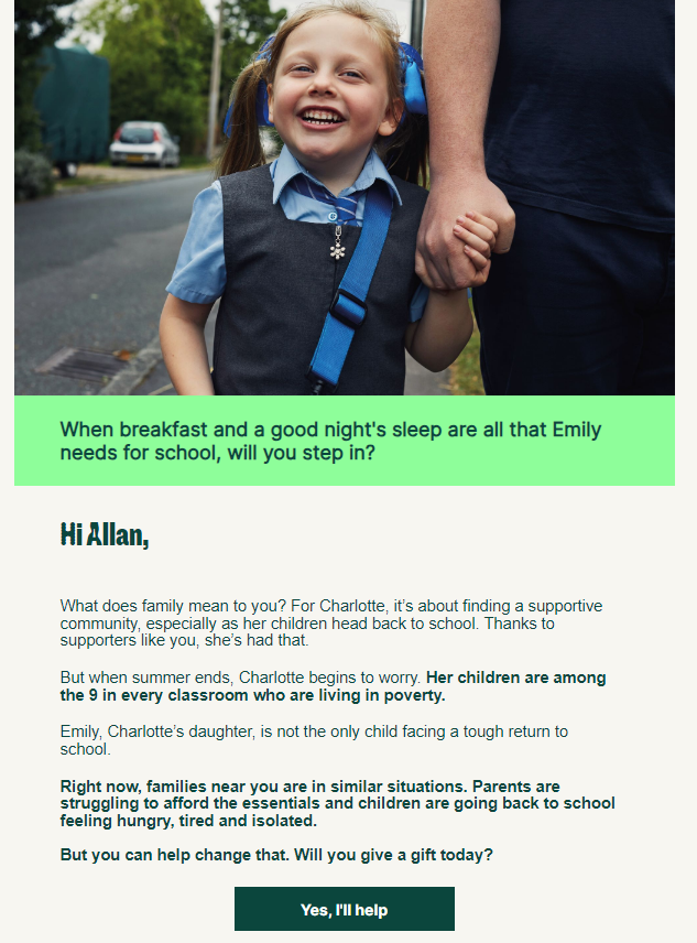 Barnardo's email campaign about supporting families in poverty as children return to school