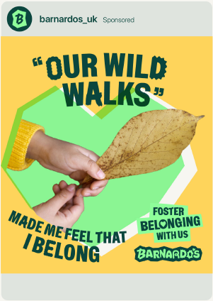 Barnardo's social media post for Wild Walks campaign showing a hand holding a leaf with text 'Made me feel that I belong'